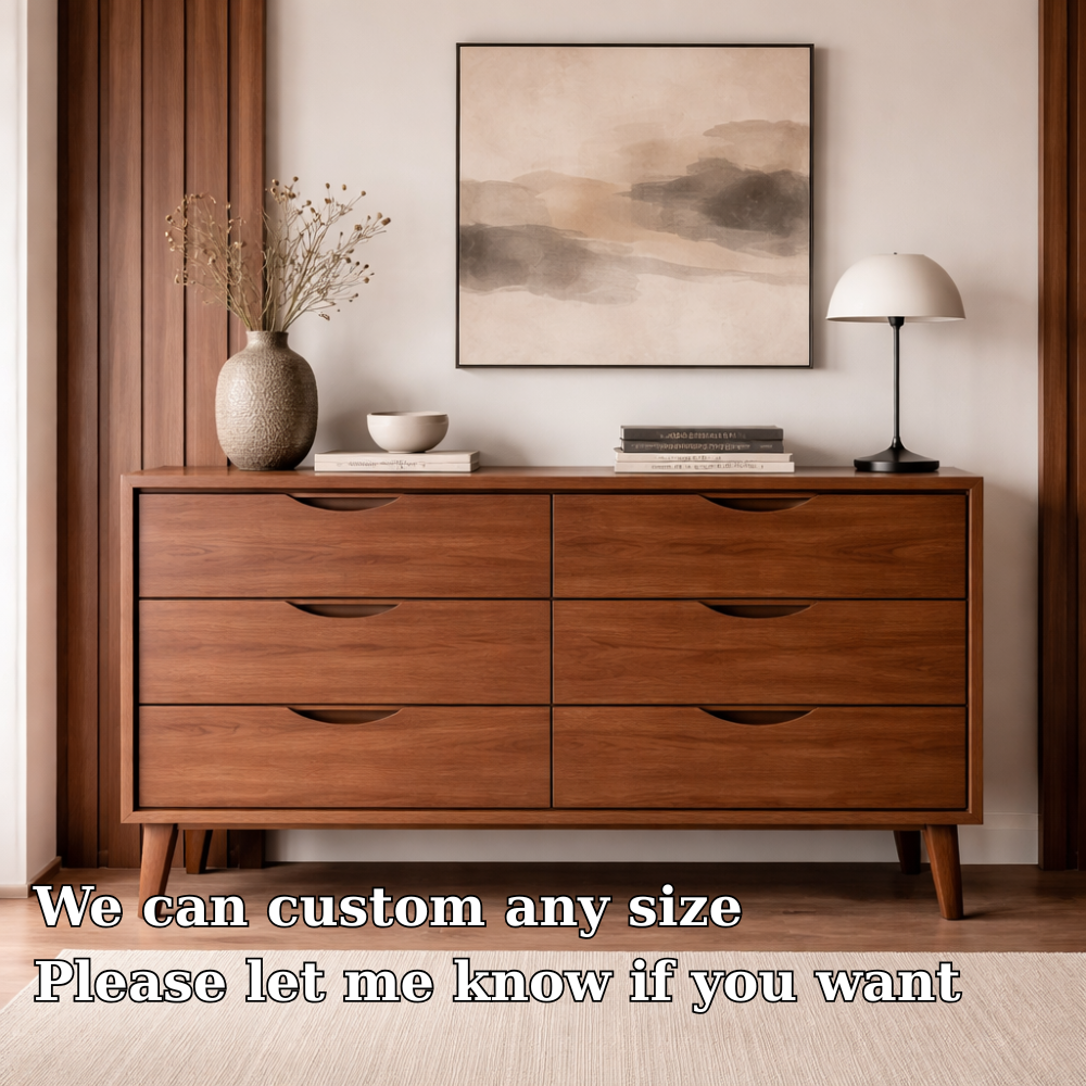 Solid Wood Console Cabinet with 6 Drawers – Modern Mid-Century Storage Sideboard