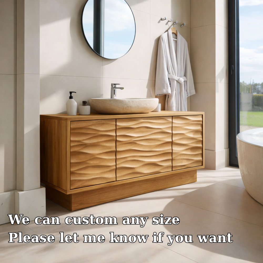 Solid Wood Bathroom Vanity with Wave-Design Front – Modern Storage Cabinet