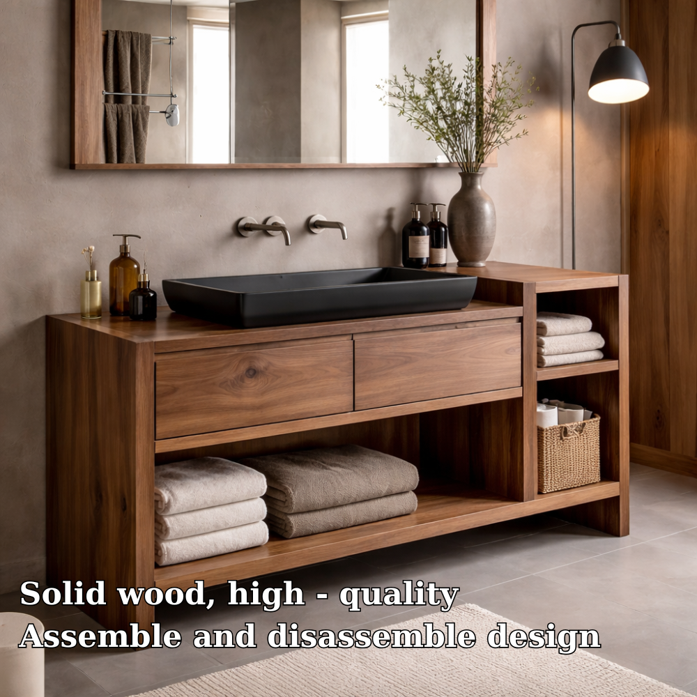 Solid Wood Bathroom Vanity Cabinet with Drawer & Side Shelf – Walnut Bathroom Storage