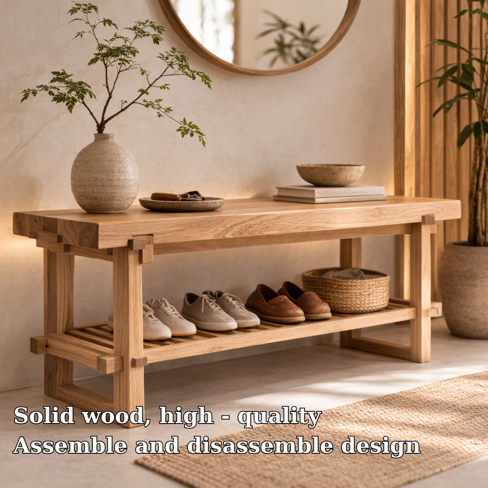 Solid Oak Entryway Bench with Storage Shelf | Modern Hallway Seating