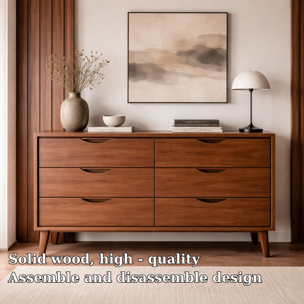 Solid Wood Console Cabinet with 6 Drawers – Modern Mid-Century Storage Sideboard