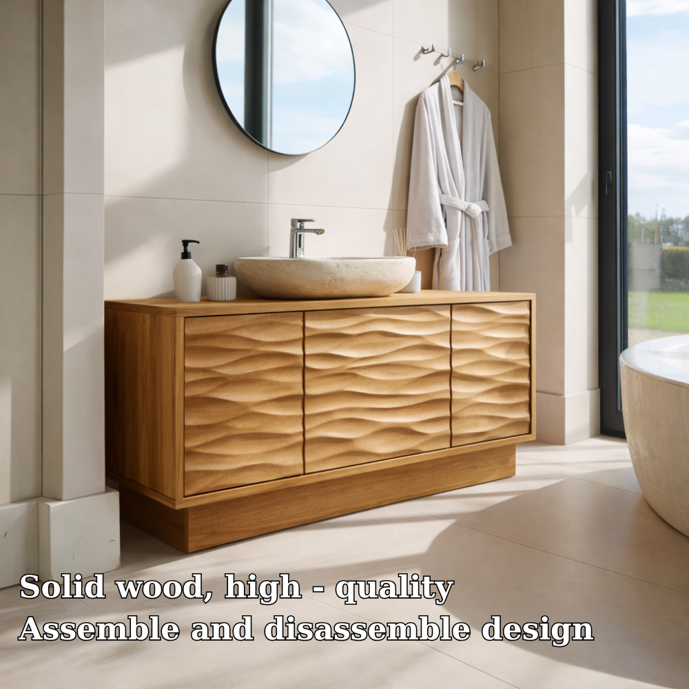 Solid Wood Bathroom Vanity with Wave-Design Front – Modern Storage Cabinet