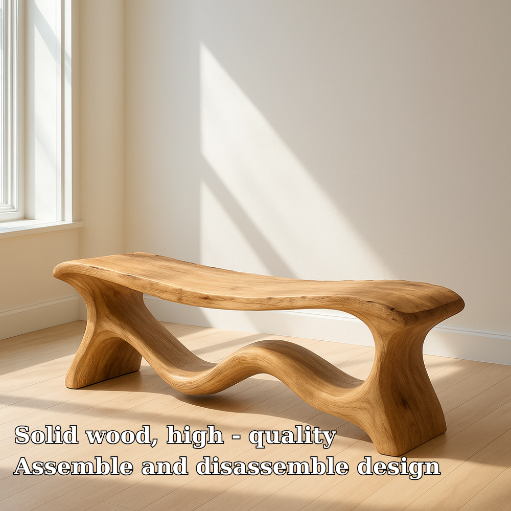 Modern Solid Wood Bench with Artistic Wave Base – Minimalist Wooden Bench