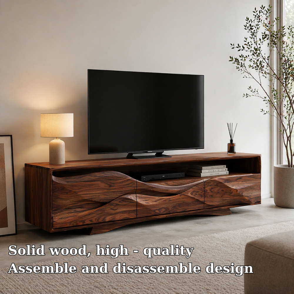 Solid Wood Media Console with Sculpted Front, Modern TV Stand with Storage Shelves