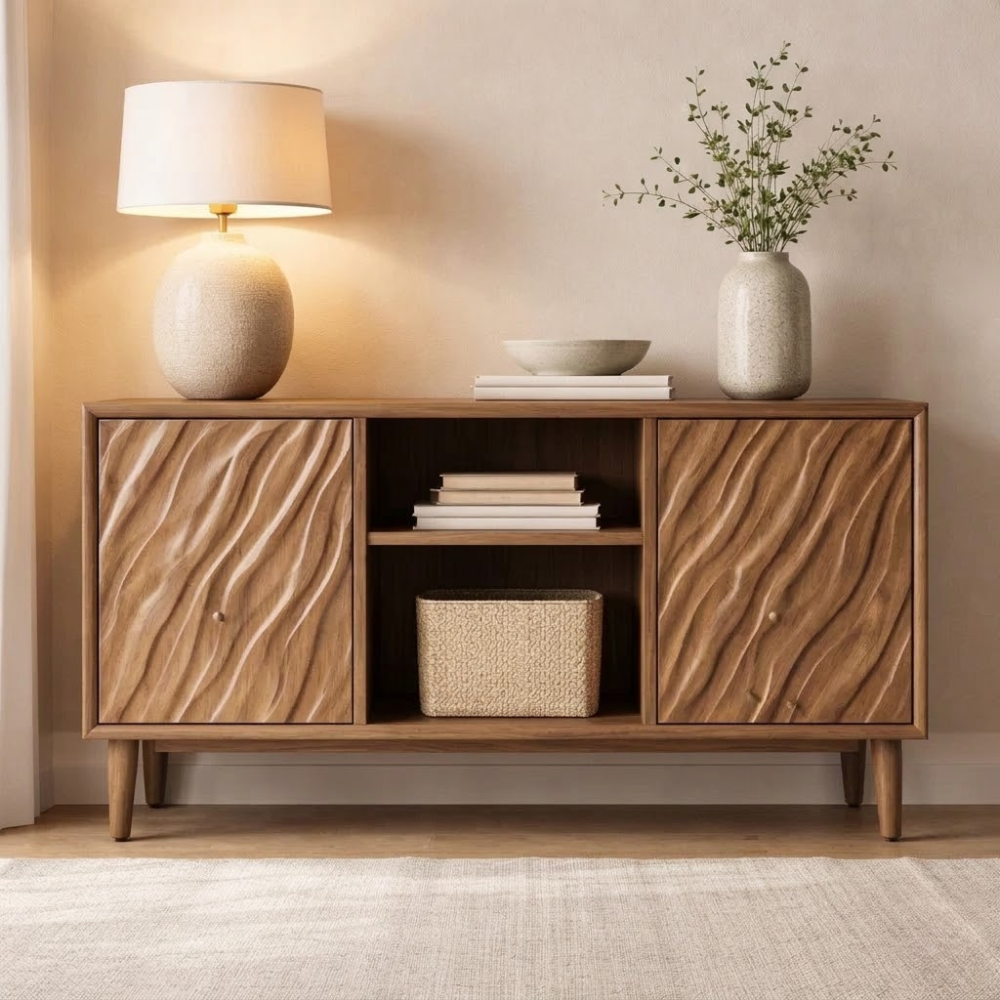 Solid Wood Console Cabinet with Wave Carved Doors & Open Shelf Storage