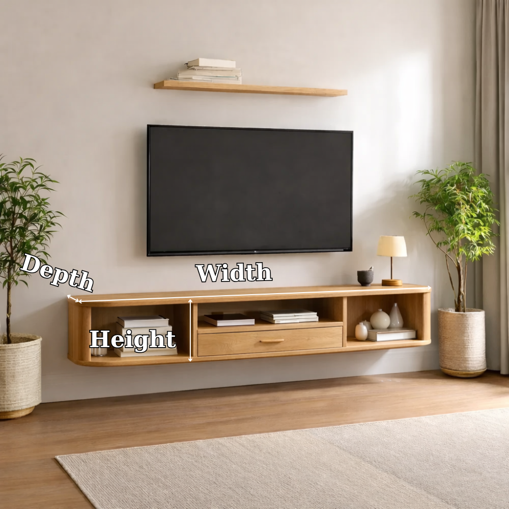 Floating Solid Wood TV Stand with Drawer and Open Shelves – Wall Mounted Media Console