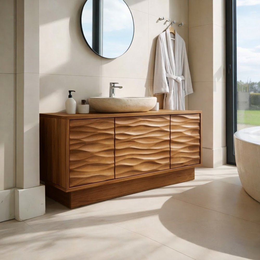 Solid Wood Bathroom Vanity with Wave-Design Front – Modern Storage Cabinet