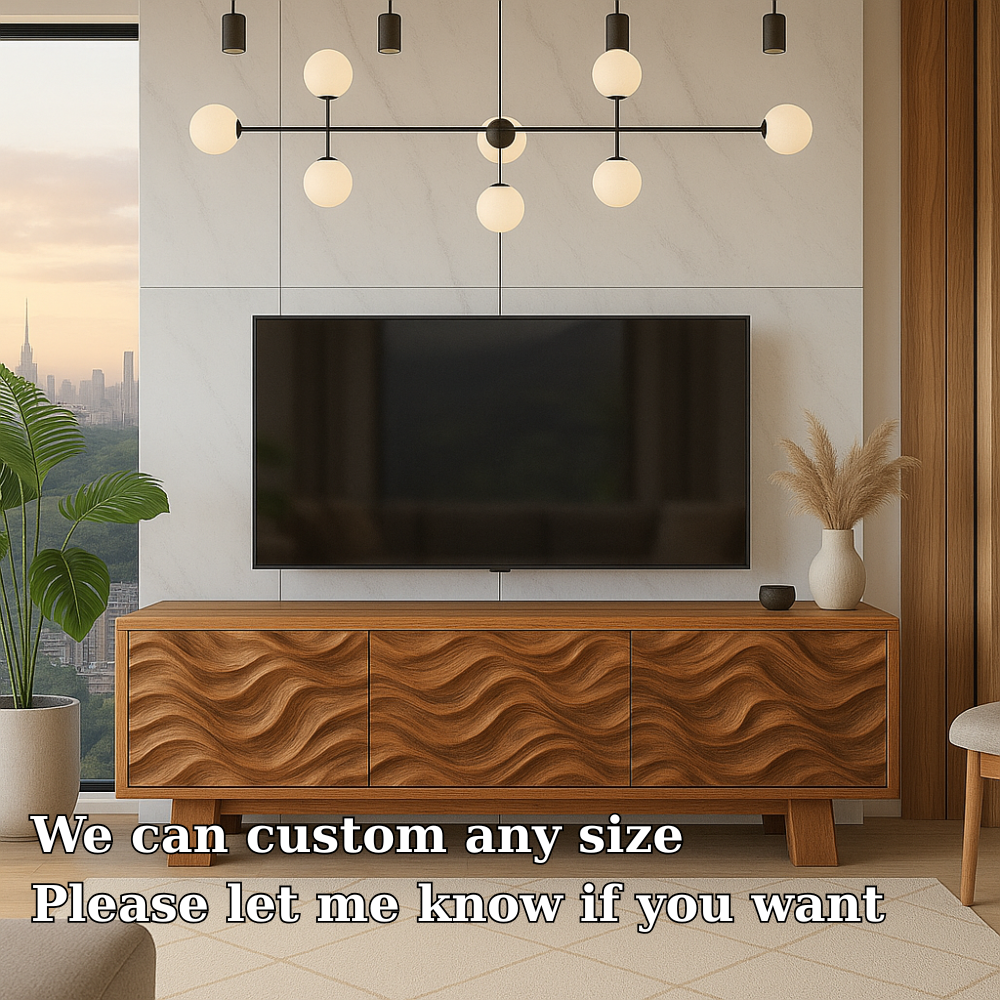 Solid Wood TV Stand Modern Walnut Media Console with Wave Front Storage Cabinet