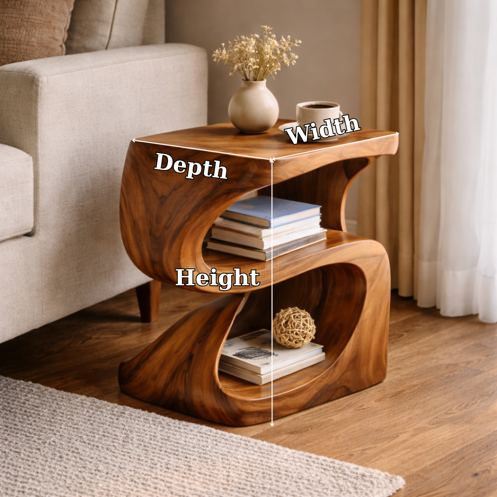 Solid Wood Sculptural End Table with Open Shelf – Modern Curved Side Table