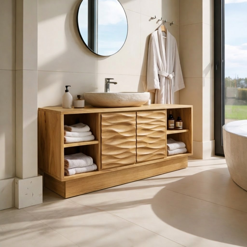 Modern Solid Wood Bathroom Vanity with Wave-Patterned Doors – Storage Cabinet