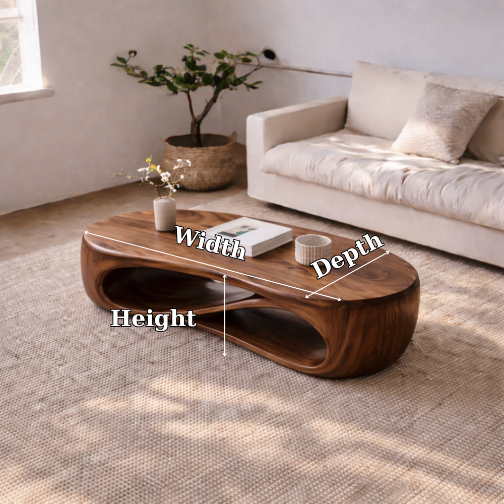 Solid Wood Sculptural Coffee Table with Curved Storage Shelf – Modern Living Room Table