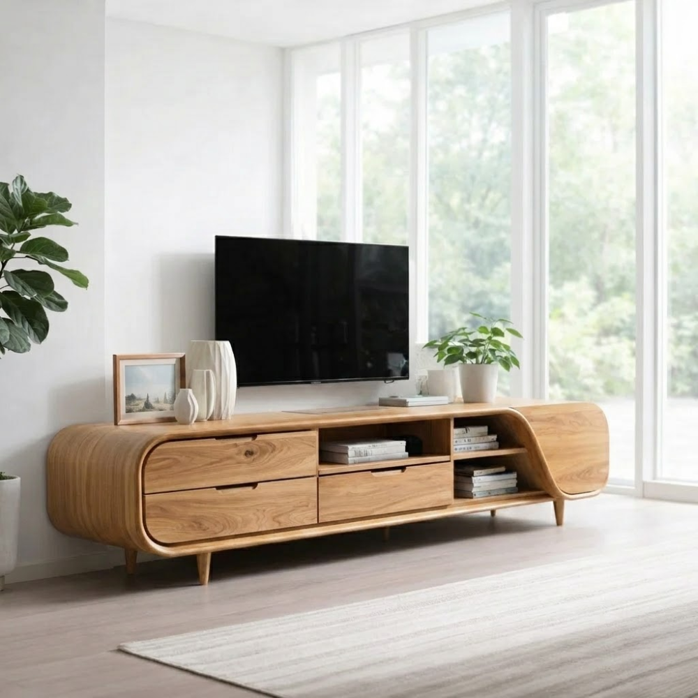 Solid Wood Media Console with Curved Ends & Drawers, Modern TV Stand Cabinet