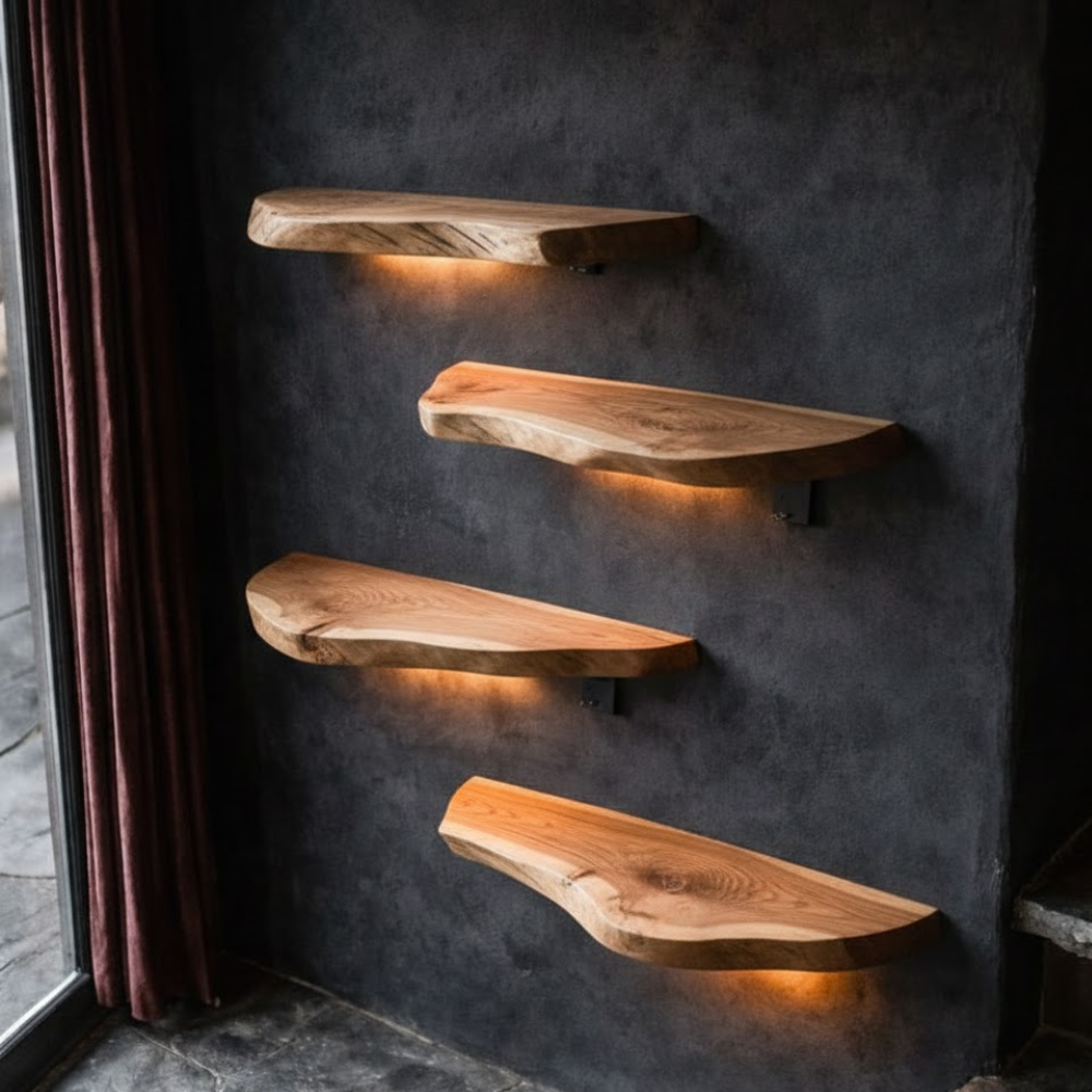Live Edge Rustic Floating Wood Shelf - Handmade Solid Wood Wall Decor