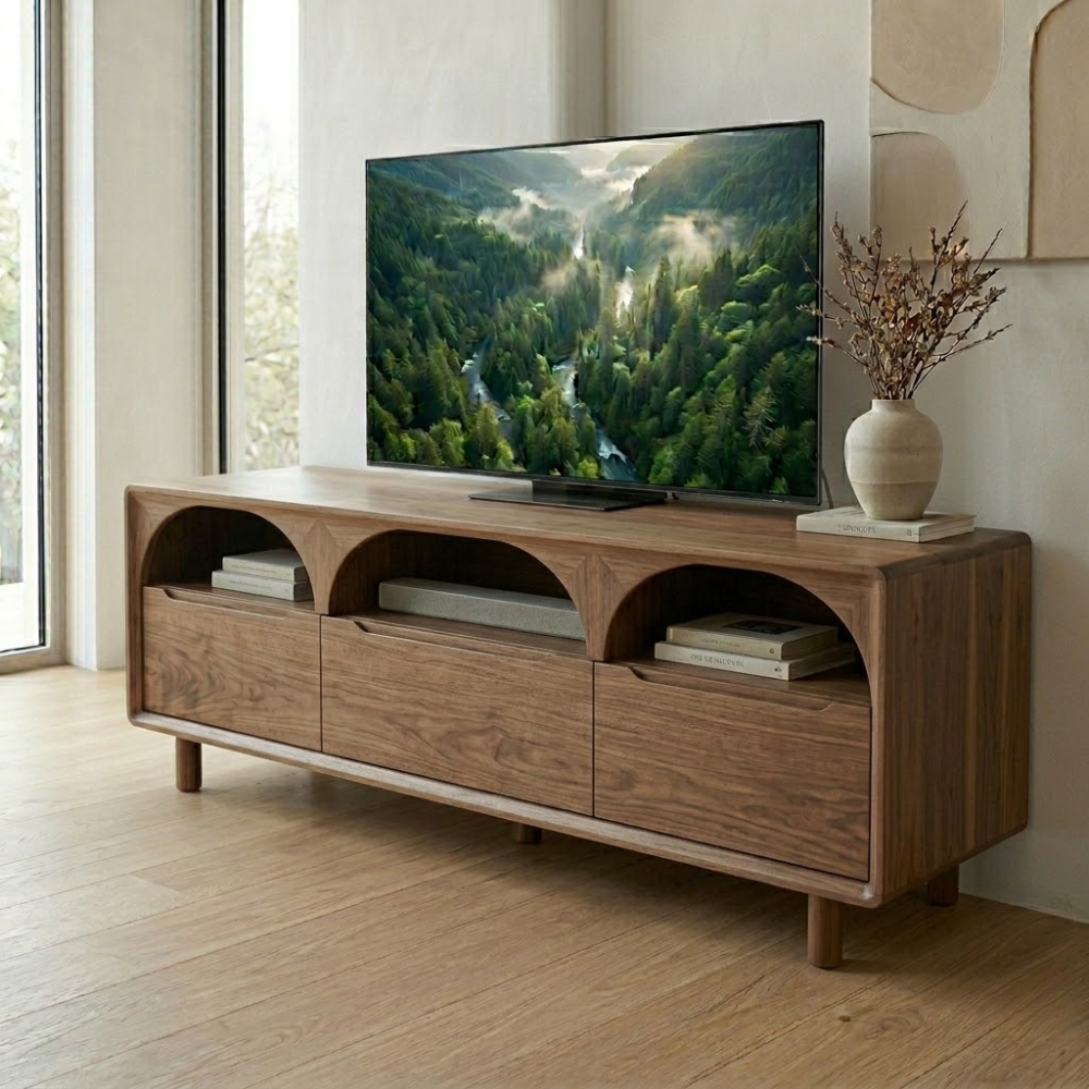 Solid Wood Media Console with Arched Shelves – Modern TV Stand Storage Unit