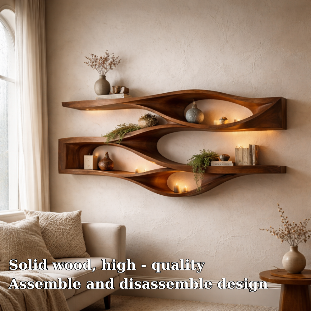 Handcrafted Solid Wood Floating Wall Shelf - Organic Curved Wave Design for Modern Home Decor