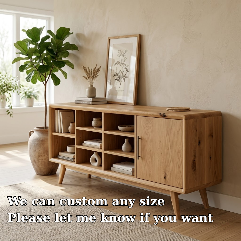 Solid Oak Console Cabinet with Shelves & Door – Modern Storage Sideboard Table