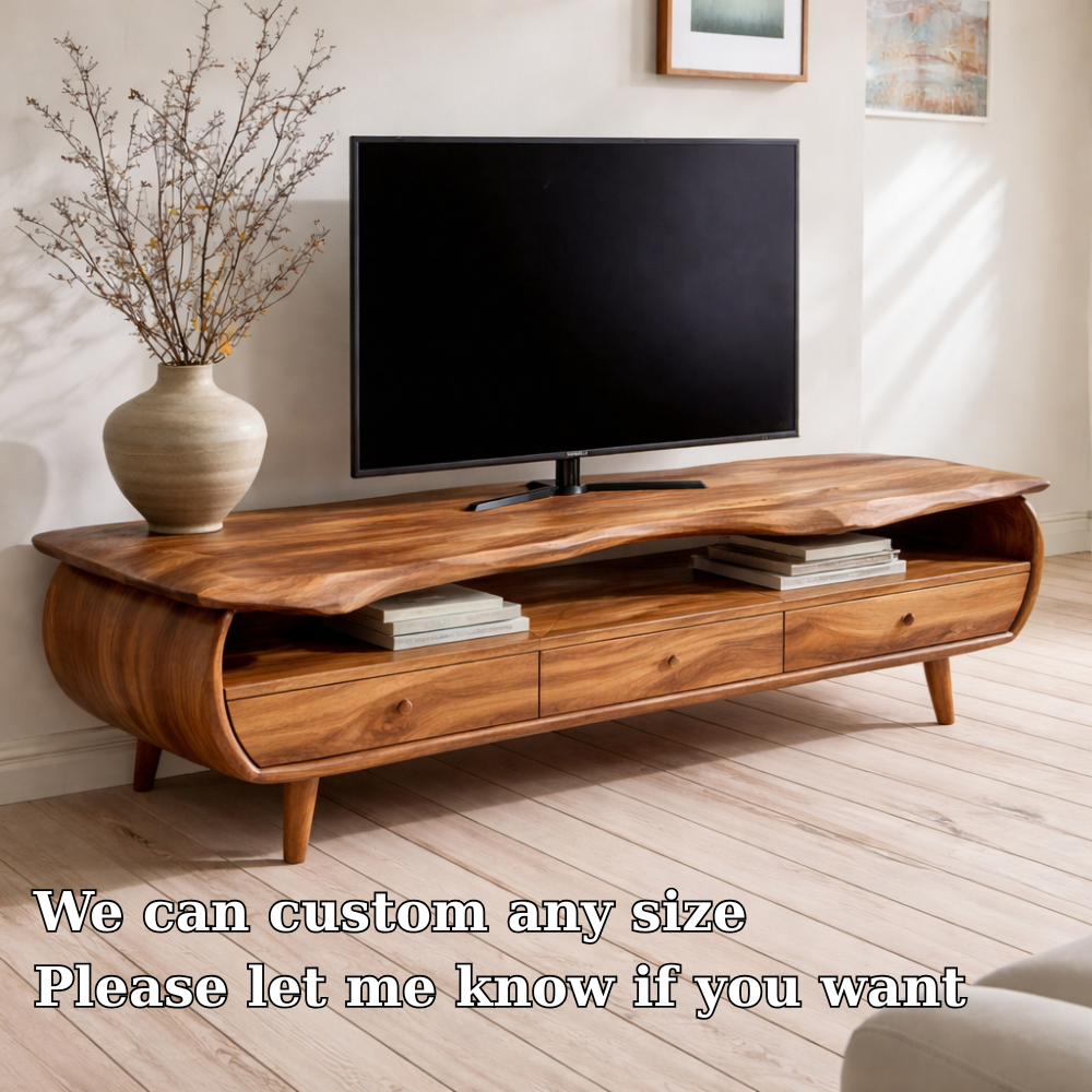 Live Edge Solid Wood Media Console – Modern TV Stand with Drawers & Storage