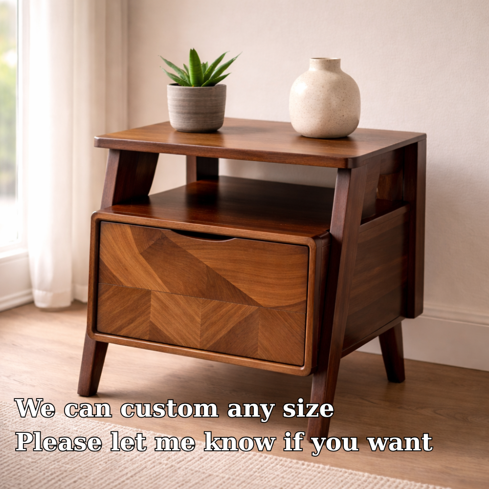 Solid Wood Nightstand with Angled Legs & Open Shelf – Contemporary Bedside Table