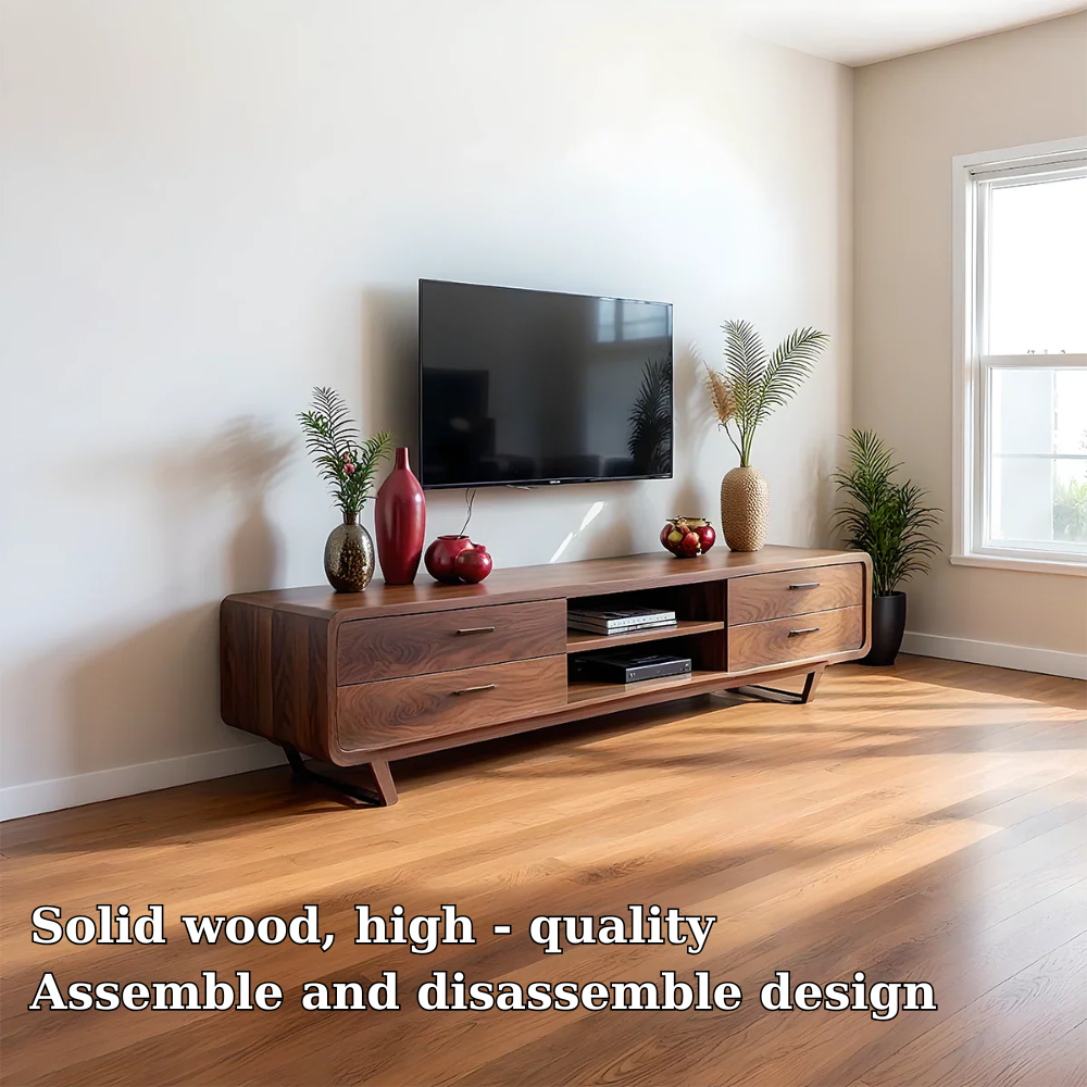 Solid Wood TV Stand Walnut Mid Century Modern Media Console with Storage