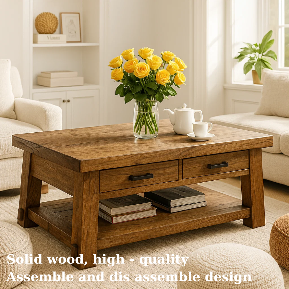 Solid Wood Coffee Table with Drawers and Storage Shelf Rustic Living Room Table