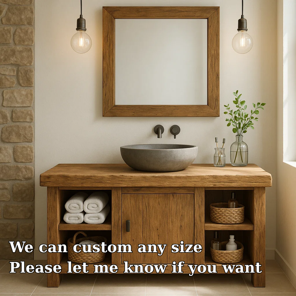 Rustic Wooden Bathroom Vanity with Vessel Sink and Storage Compartments