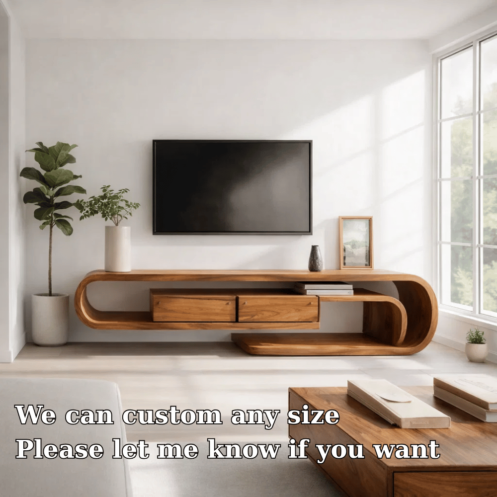 Solid Wood Media Console with Curved Frame & Floating Design, Modern TV Stand