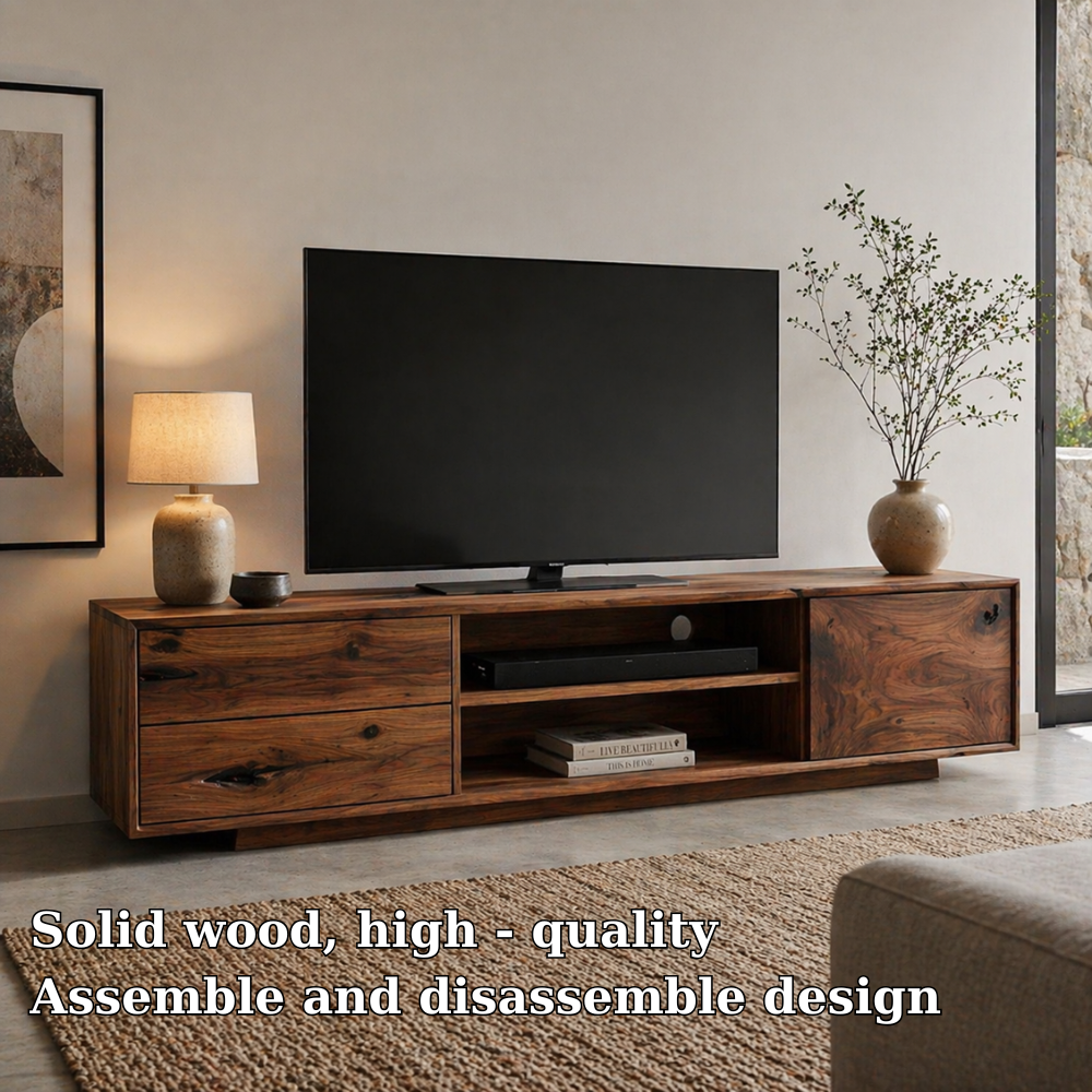 Solid Wood Media Console with Drawers, Modern Rustic TV Stand with Open Storage