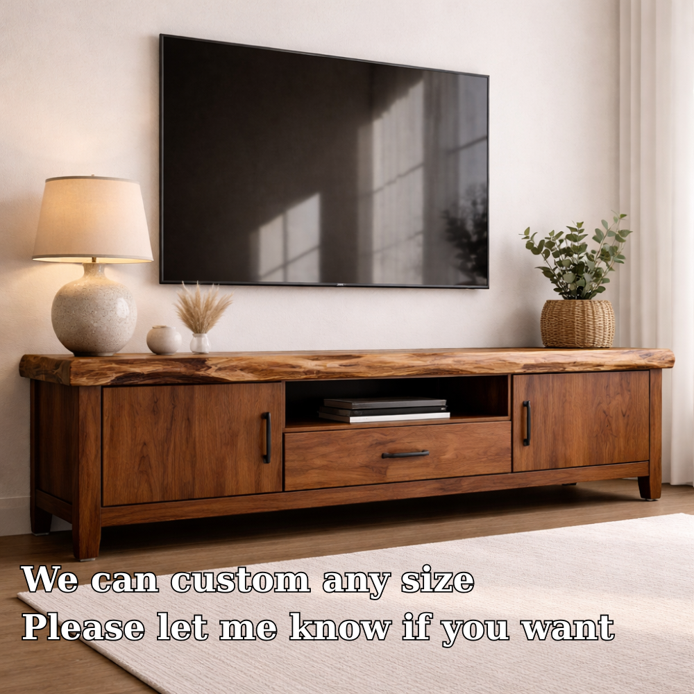 Solid Wood TV Console with Live Edge Top and Storage Cabinets