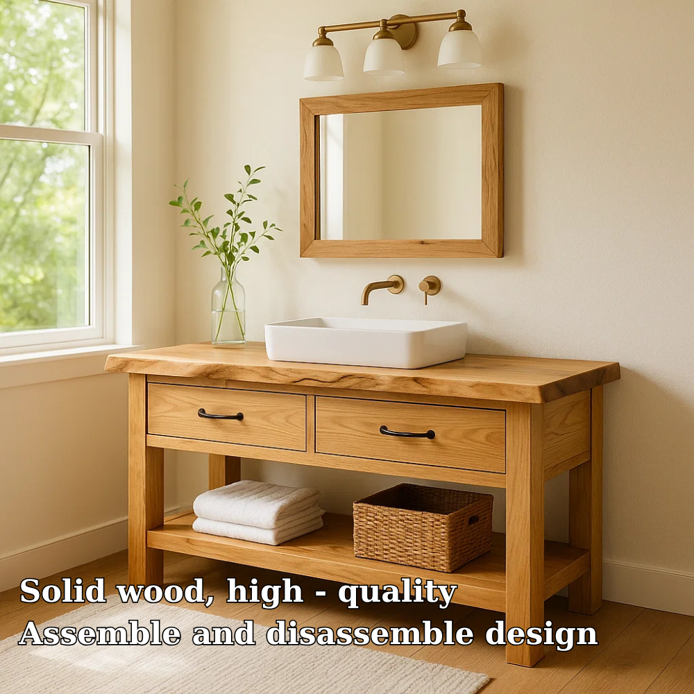 Solid Wood Bathroom Vanity with Drawers and Open Shelf Rustic Farmhouse Vanity
