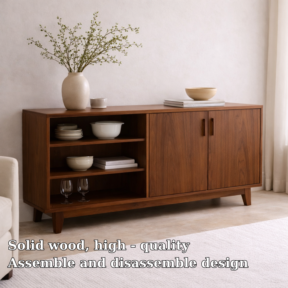 Modern Solid Wood Sideboard Console Cabinet with Open Shelf and Doors
