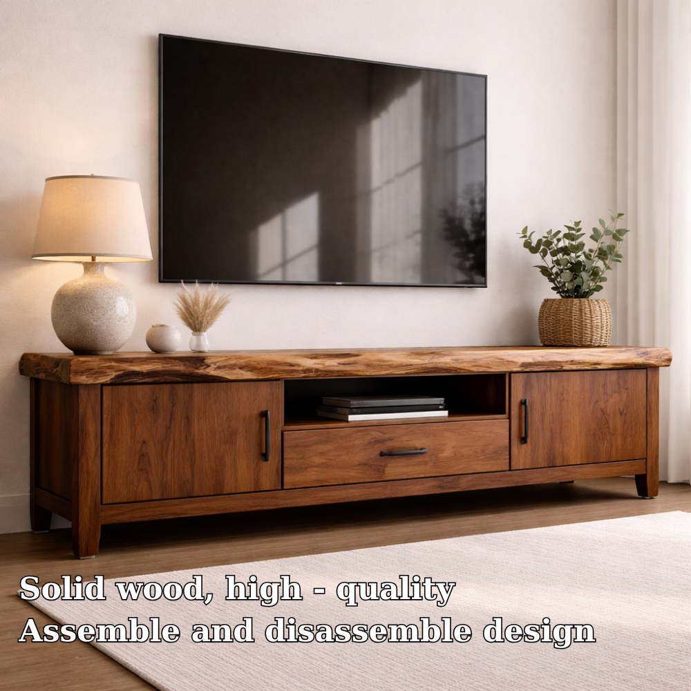 Solid Wood TV Console with Live Edge Top and Storage Cabinets
