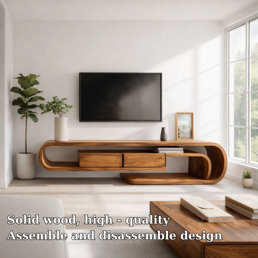 Solid Wood Media Console with Curved Frame & Floating Design, Modern TV Stand