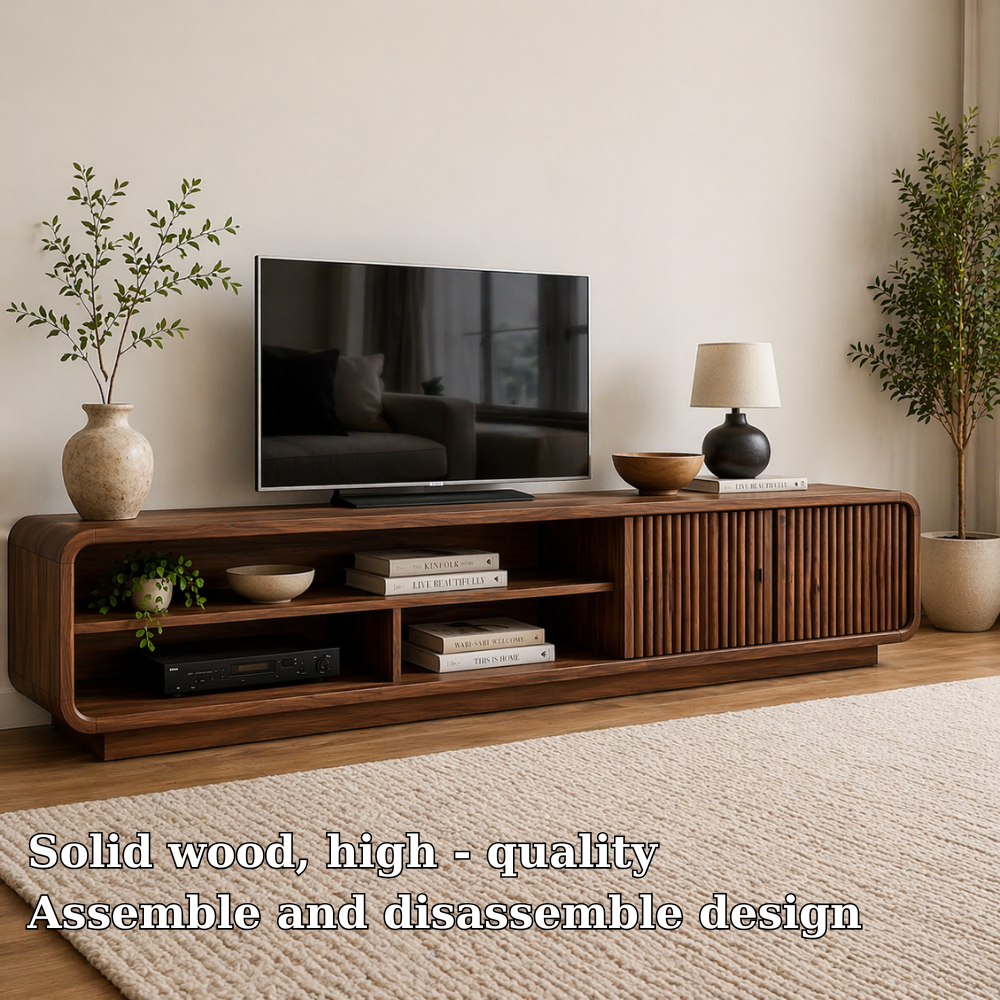 Mid Century Solid Wood TV Cabinet with Slatted Doors & Open Media Storage