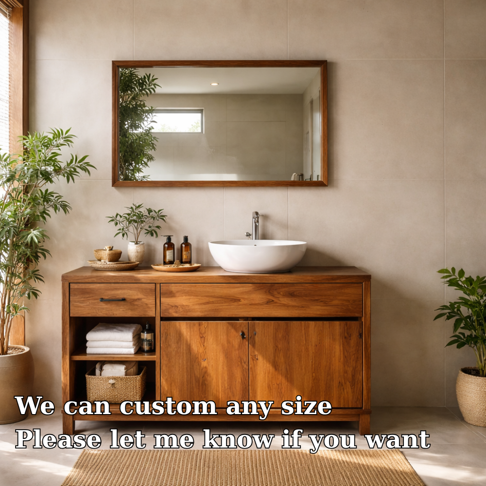 Solid Wood Bathroom Vanity with Side Shelf Storage – Natural Wood Freestanding Vanity Cabinet
