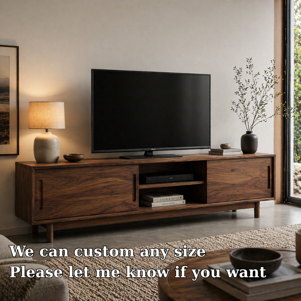 Solid Wood Media Console with Sliding Doors, Mid Century Modern TV Stand Storage