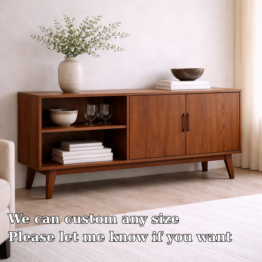 Solid Wood Console Cabinet with Open Shelves and Storage Doors