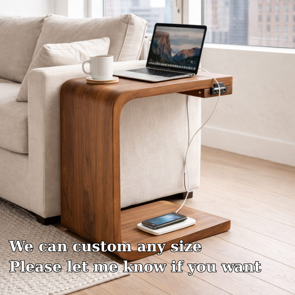 Solid Wood C-Shaped End Table with Charging Port – Modern Sofa Side Table