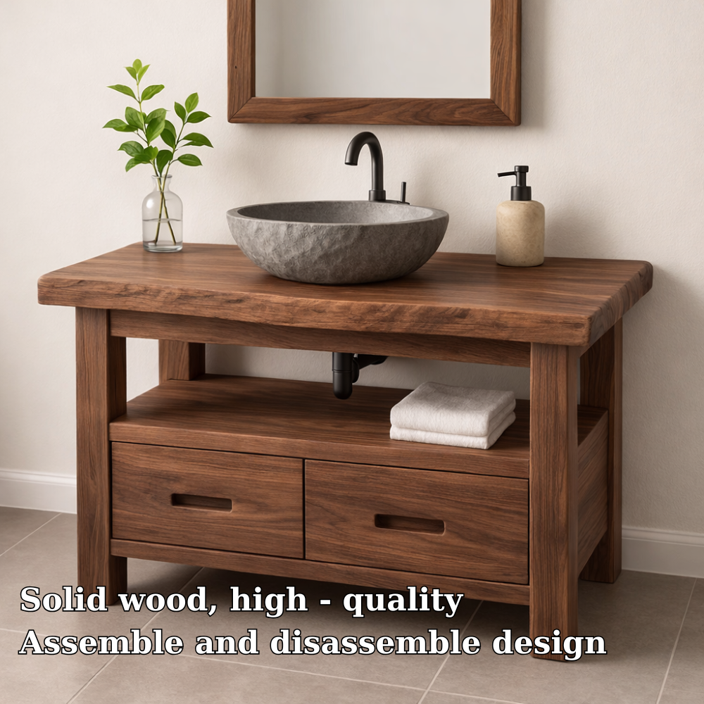 Solid Wood Bathroom Vanity Rustic Farmhouse Single Sink with Storage Drawers