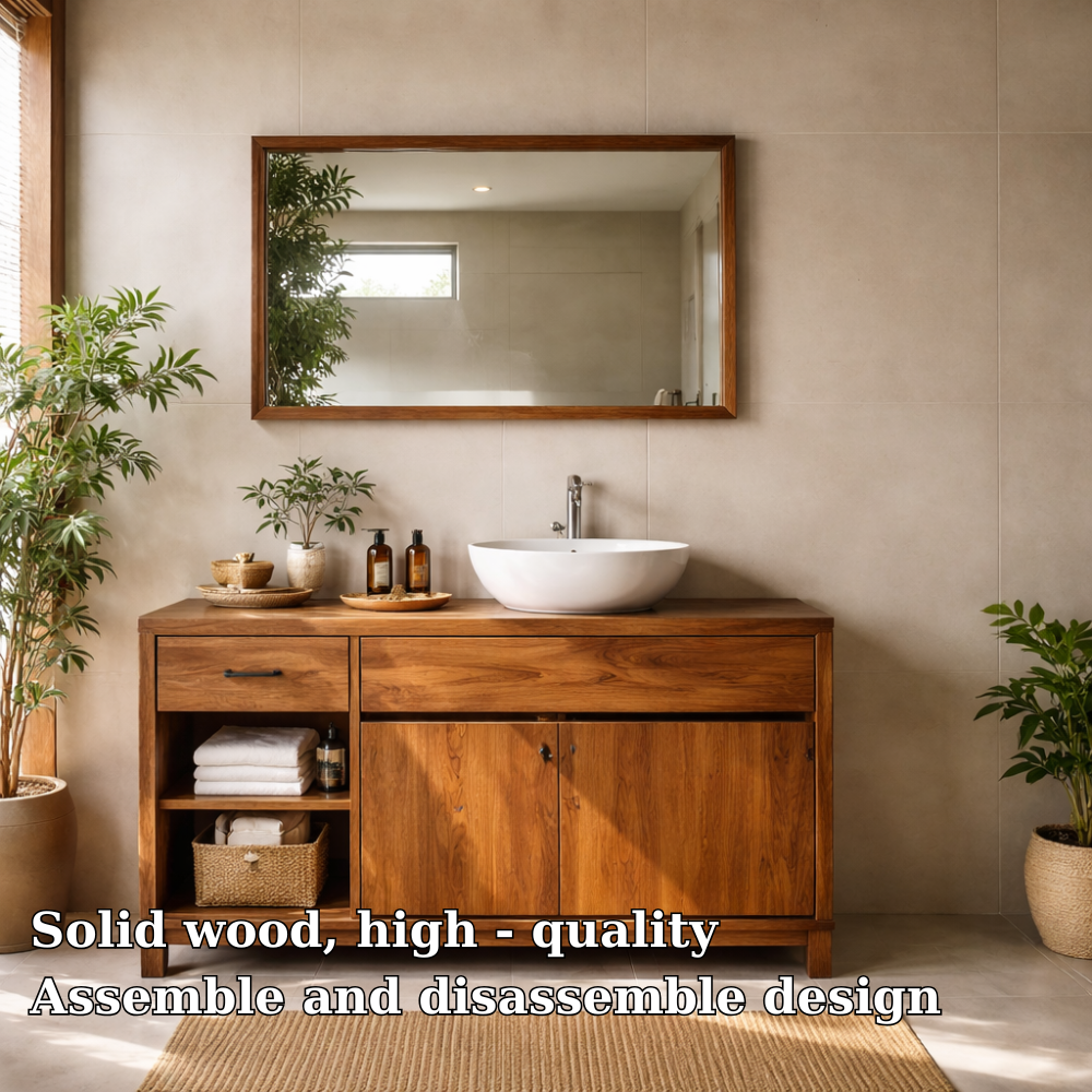 Solid Wood Bathroom Vanity with Side Shelf Storage – Natural Wood Freestanding Vanity Cabinet