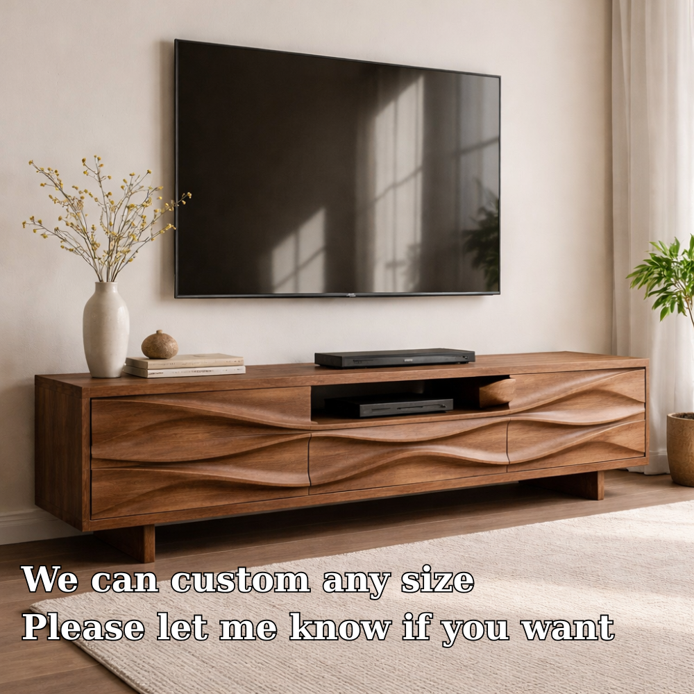 Solid Wood TV Console with Wave Front Design and Media Storage