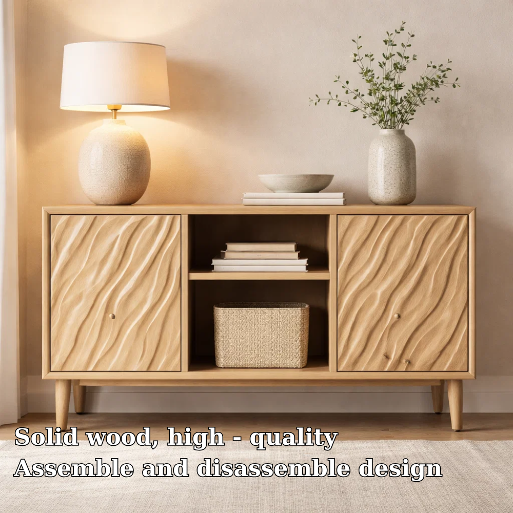 Solid Wood Console Cabinet with Wave Carved Doors & Open Shelf Storage