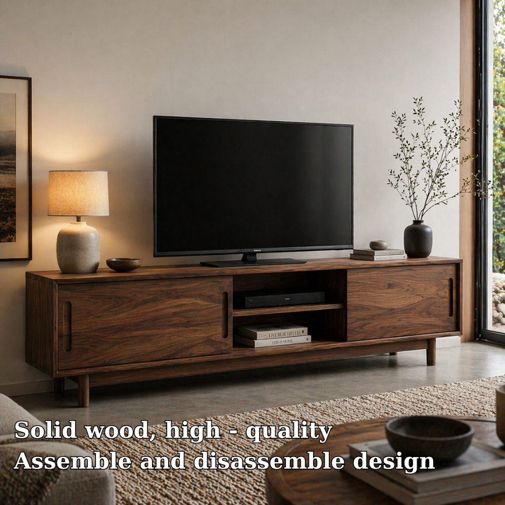 Solid Wood Media Console with Sliding Doors, Mid Century Modern TV Stand Storage