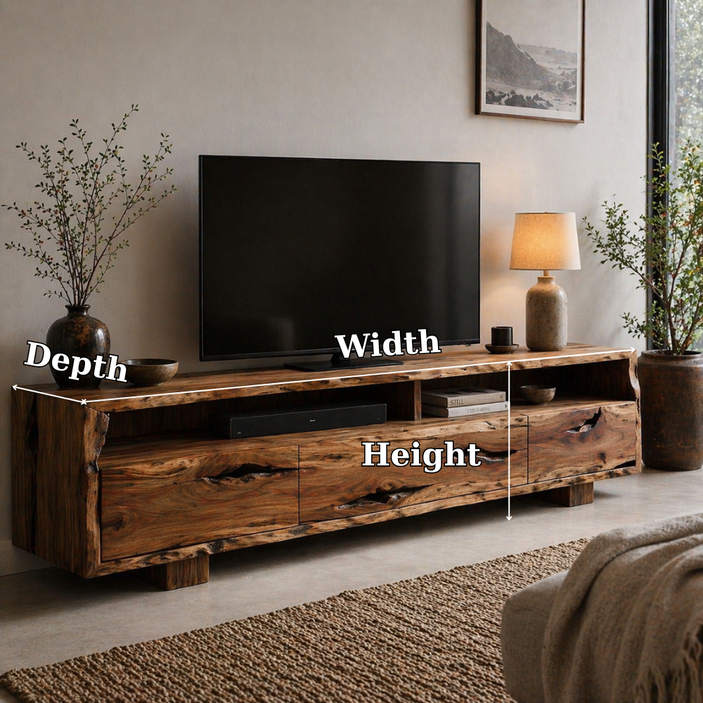 Solid Wood Media Console with Live Edge, Rustic Modern TV Stand with Storage