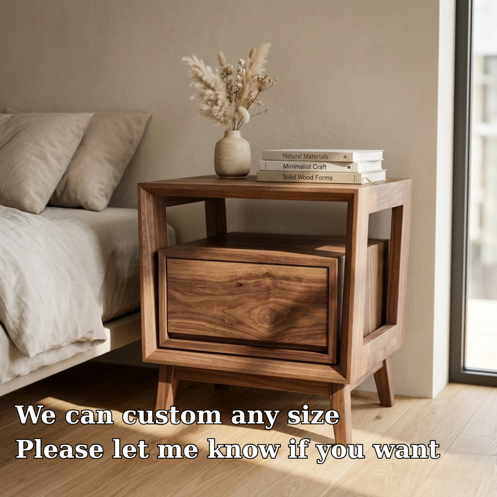 Solid Wood Nightstand - Modern Architectural Bedside Table with Floating Drawer