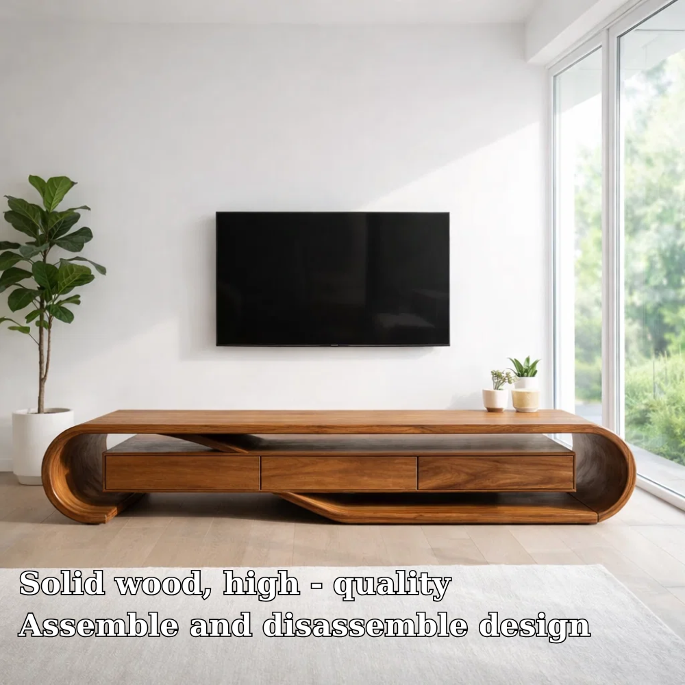 Solid Wood Media Console with Sculptural Curved Frame & Drawers, Modern TV Stand
