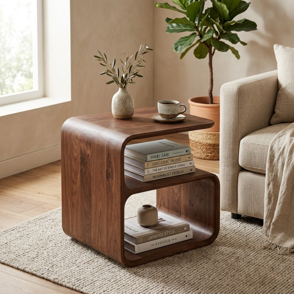 Solid Wood End Table with Open Shelf – Modern Curved Side Table