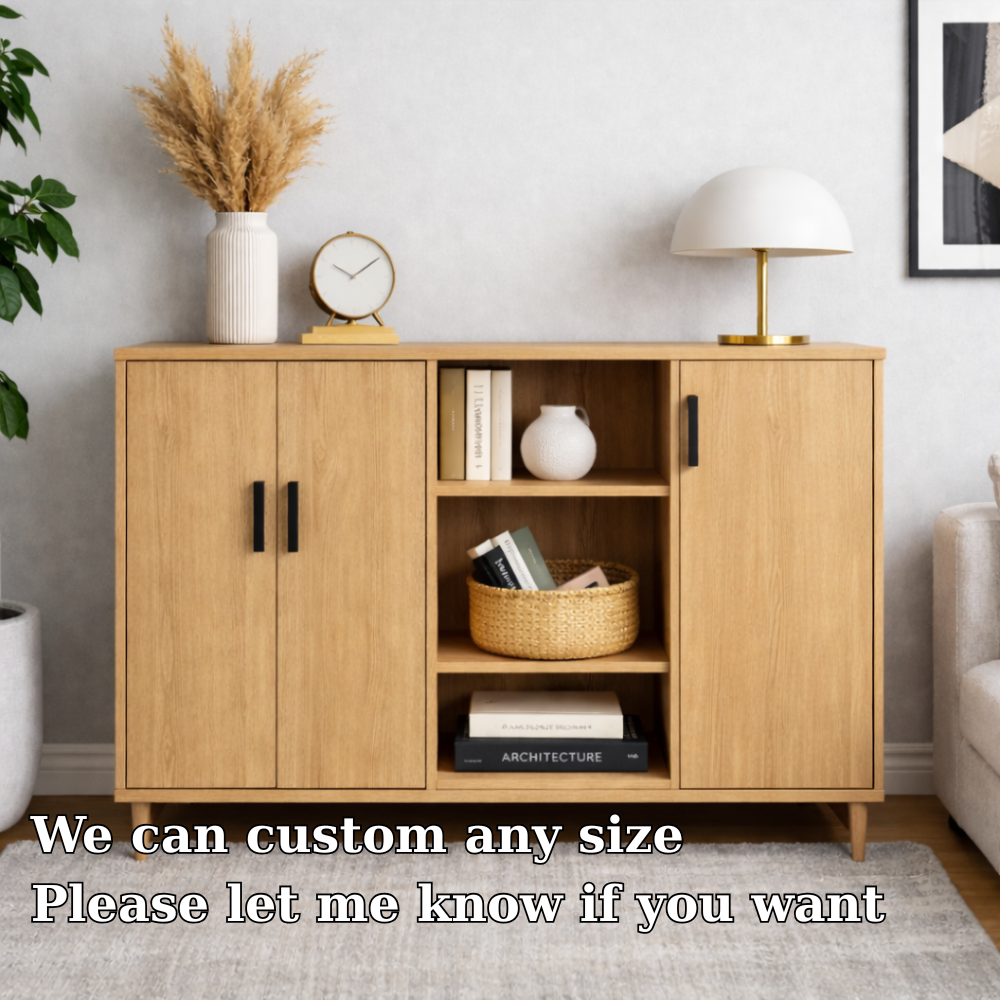 Solid Wood Console Cabinet with Double Doors & Open Shelf Storage – Modern Design