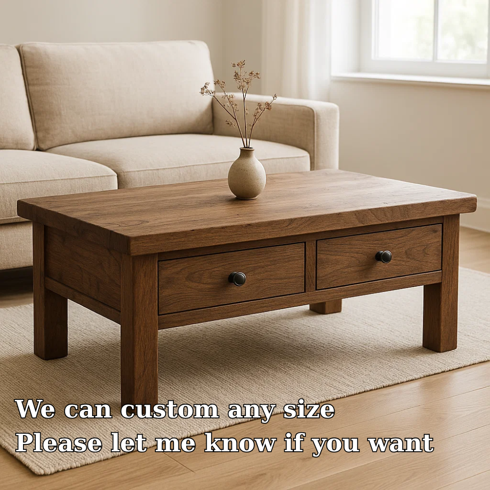 Solid Wood Coffee Table with Drawers Rustic Living Room Storage Coffee Table