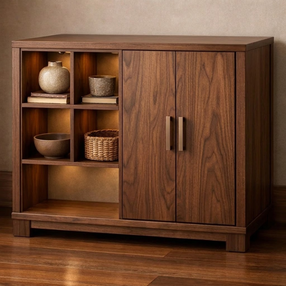 Mid-Century Modern Wood Console Cabinet with Open Shelves