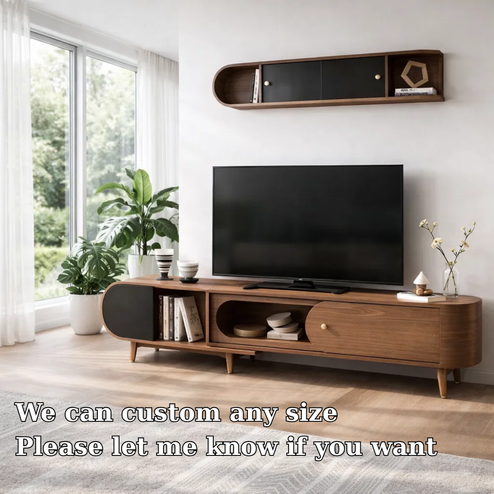 Mid Century Solid Wood TV Console with Cabinets & Open Shelf Storage